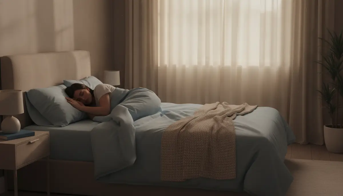 Personne allongée paisiblement dans un lit au petit matin, lumière douce filtrant à travers les rideaux d'une chambre
