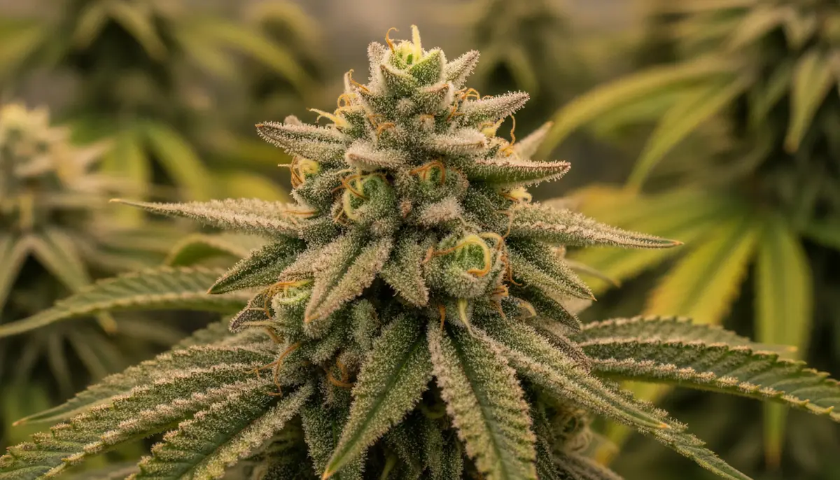 Gros plan sur une inflorescence de cannabis couverte de trichomes, illustrant la hausse de la teneur en THC.