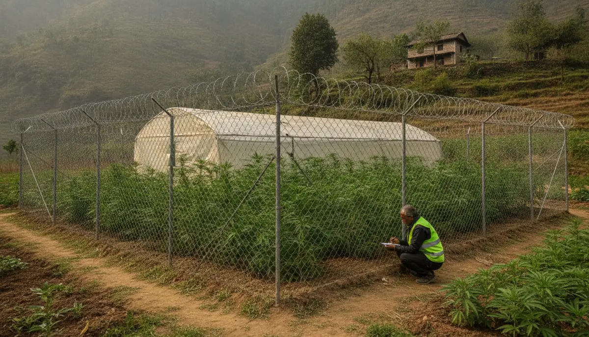 Parcelle de cannabis cultivee sous surveillance dans une vallee nepalaise, cloture et serre en arriere-plan