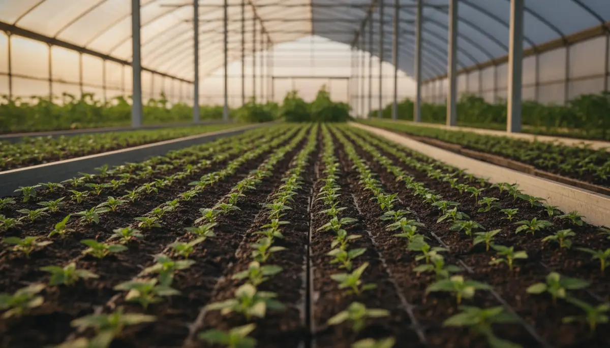 Jeunes plants de cannabis alignés sous une serre agricole, en pleine lumière du matin