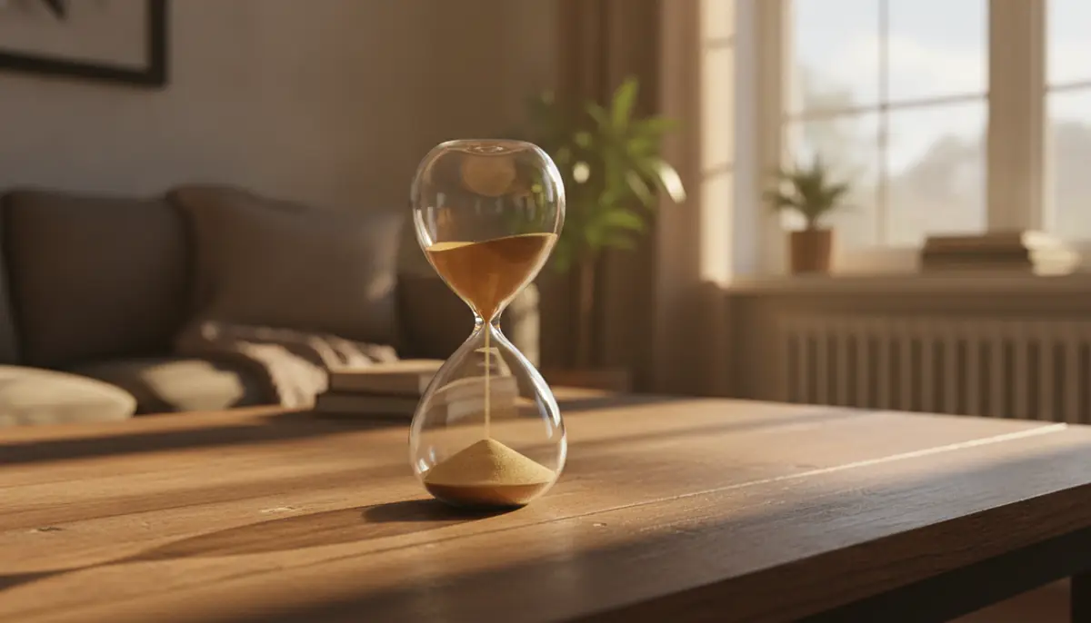 Courbe symbolique du temps qui passe, sablier pose pres d'une fenetre dans une lumiere de fin de journee