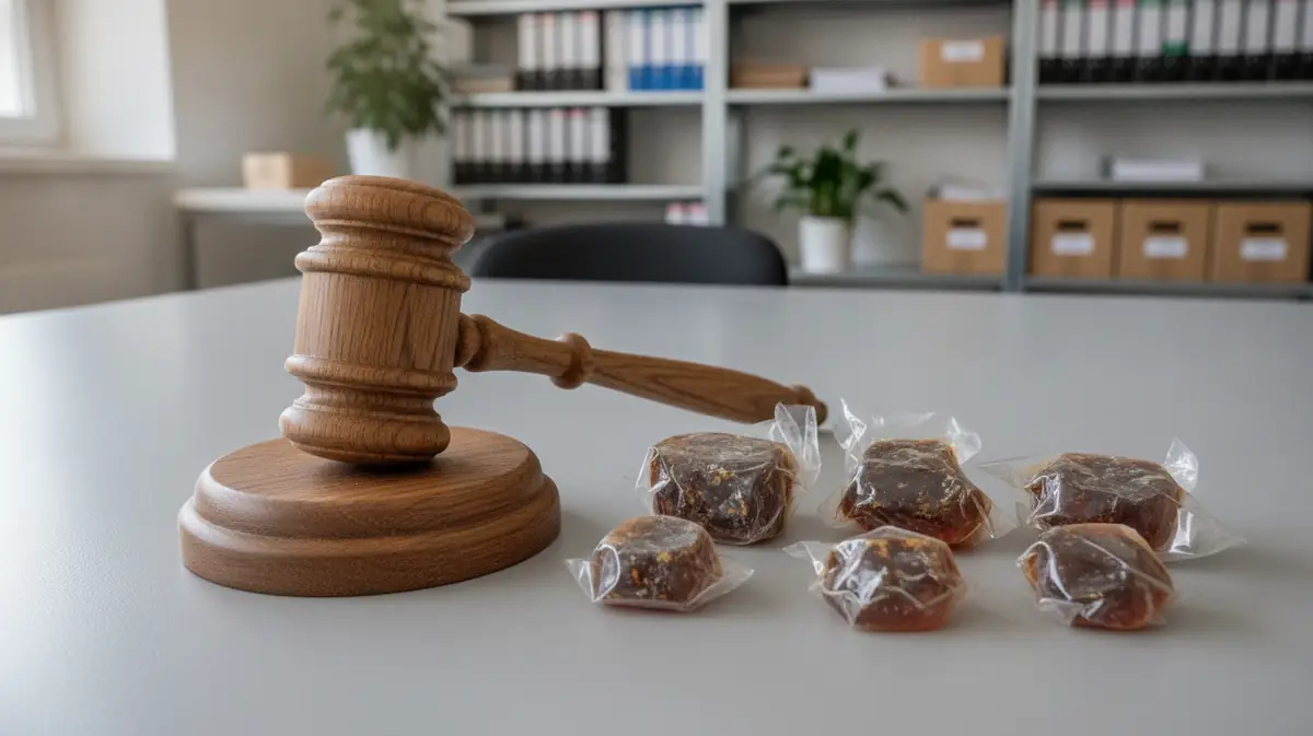 Marteau de commissaire-priseur posé près de blocs de résine brune emballés sous vide sur une table administrative, sans texte ni logo