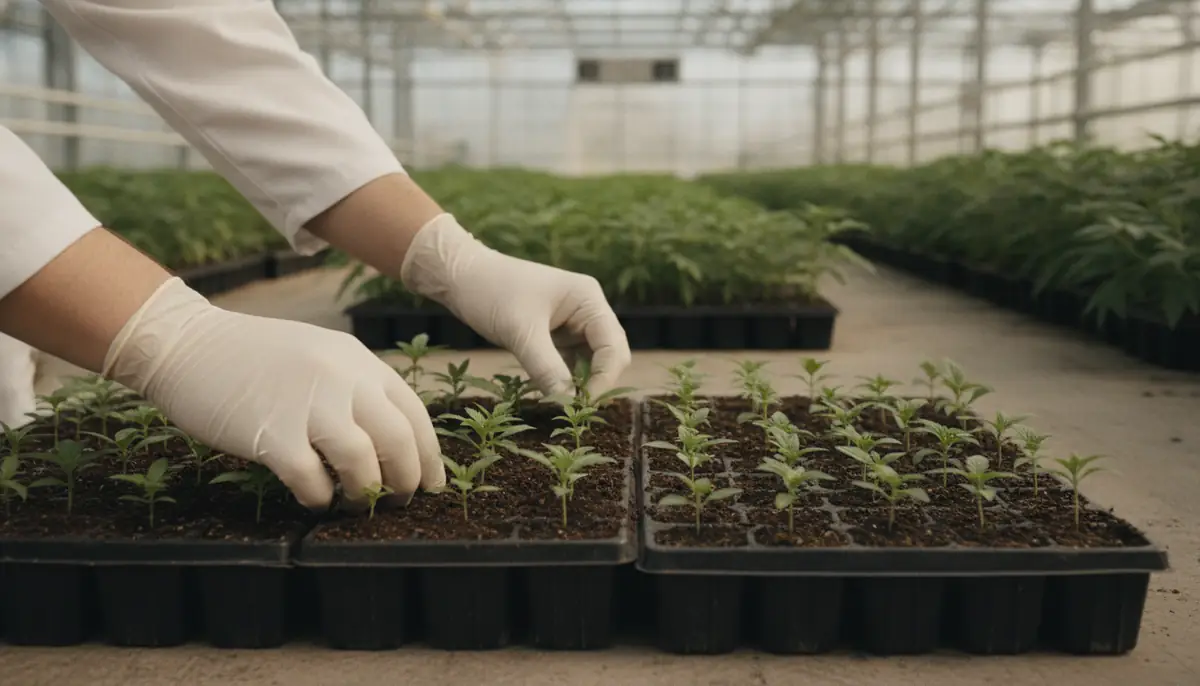 Des mains examinent de jeunes plants de chanvre sous serre, dans un centre de recherche agricole