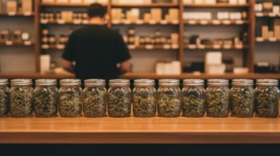 Comptoir d'une boutique de cannabis légal aligné de bocaux en verre remplis de fleurs séchées, une cliente en arrière-plan flou.