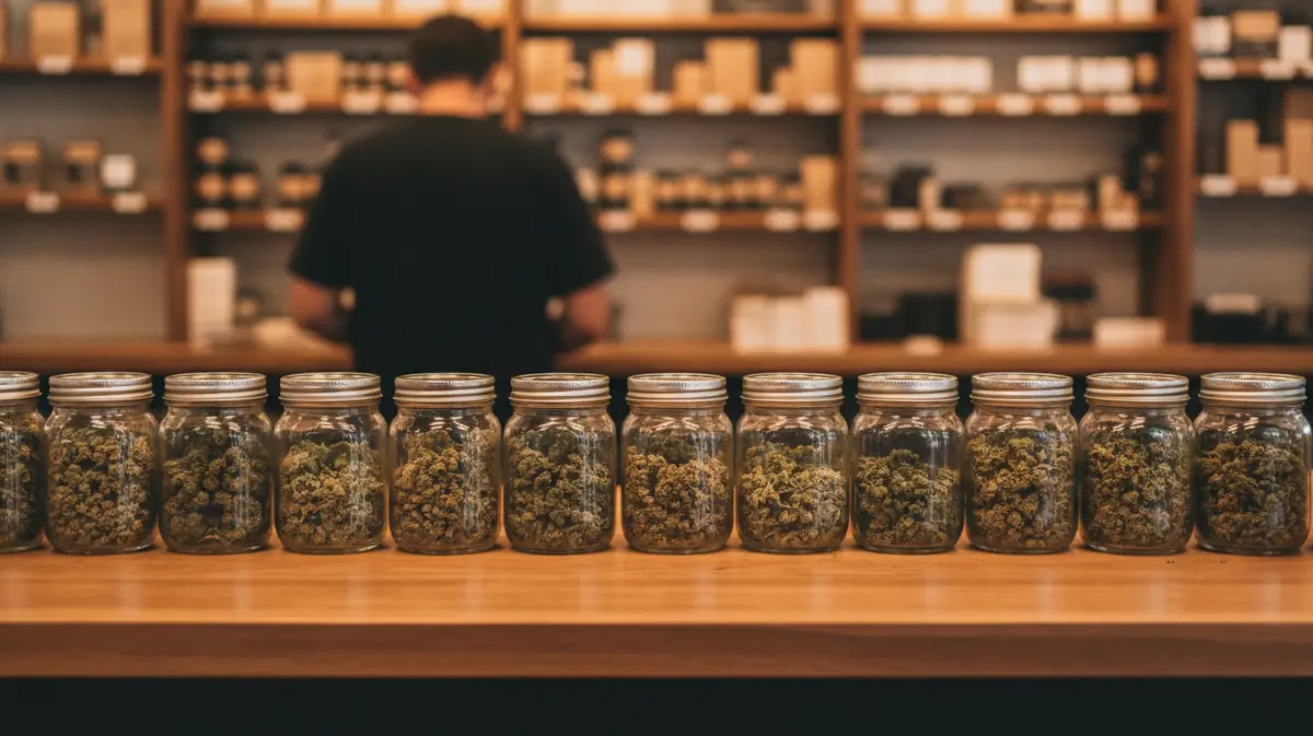 Comptoir d'une boutique de cannabis légal aligné de bocaux en verre remplis de fleurs séchées, une cliente en arrière-plan flou.