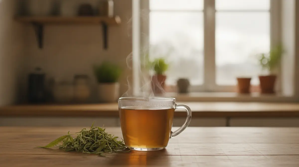 Tasse d'infusion de chanvre fumante posée près de feuilles de chanvre séchées sur une table en bois