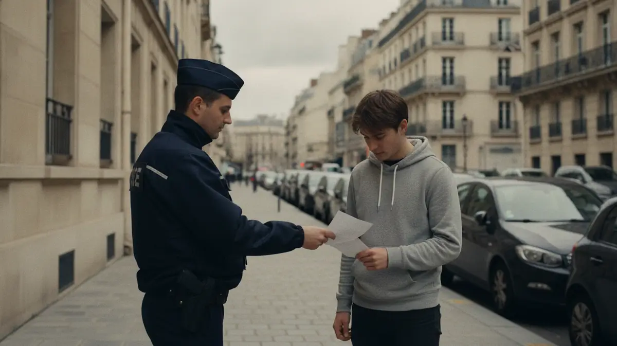 Un agent de police remet un avis de contravention a un jeune homme sur un trottoir en ville.