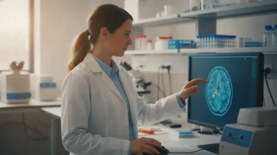 Chercheuse en blouse blanche observant l'imagerie d'un cerveau sur un écran dans un laboratoire universitaire