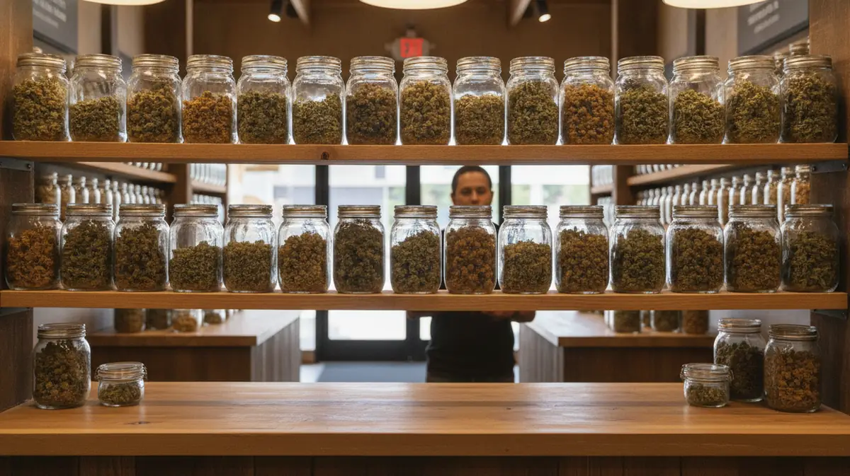 Comptoir d'une boutique de cannabis légale en Californie, avec bocaux de fleurs et clientèle floue