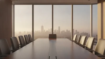 Salle de conseil d'administration moderne et vide avec une longue table, symbole d'une négociation de rachat au point mort.