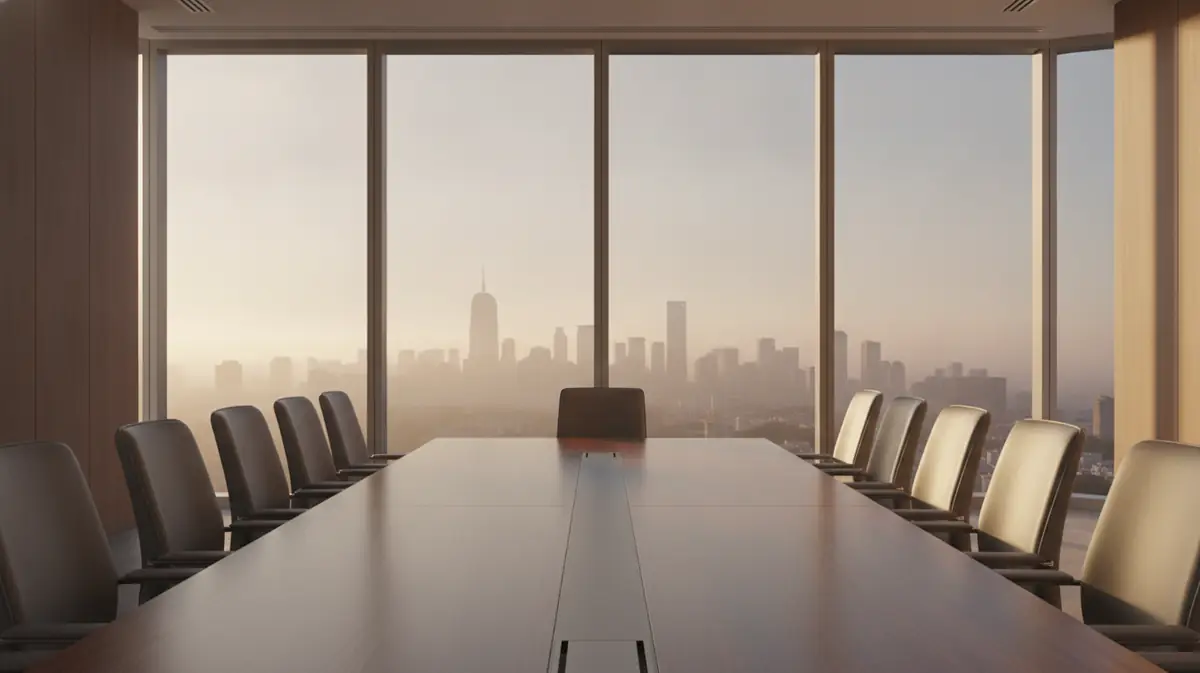 Salle de conseil d'administration moderne et vide avec une longue table, symbole d'une négociation de rachat au point mort.