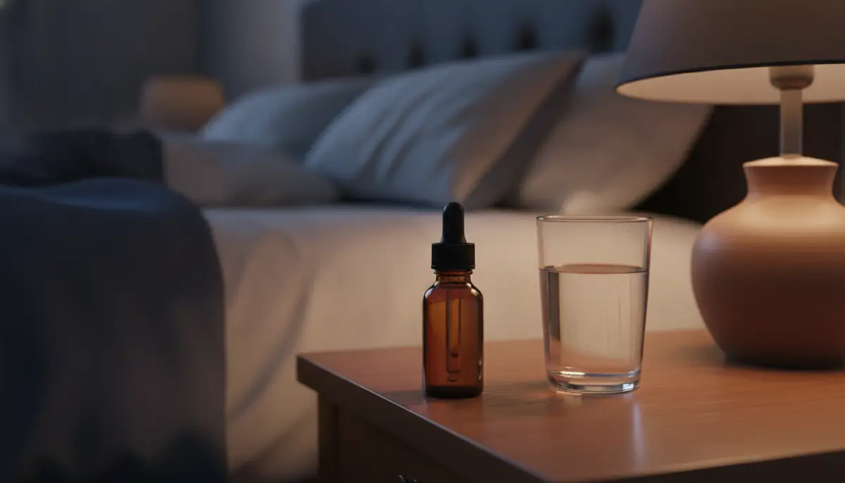 Un flacon de gouttes pose sur une table de nuit, evoquant un traitement pris chaque soir avant le coucher