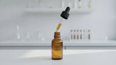 Petit flacon d'huile ambré avec sa pipette compte-gouttes posé sur une table clinique blanche, sous une lumière douce