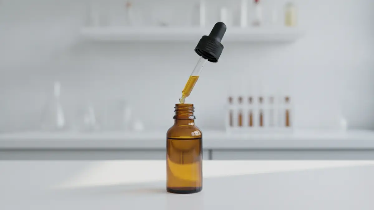 Petit flacon d'huile ambré avec sa pipette compte-gouttes posé sur une table clinique blanche, sous une lumière douce