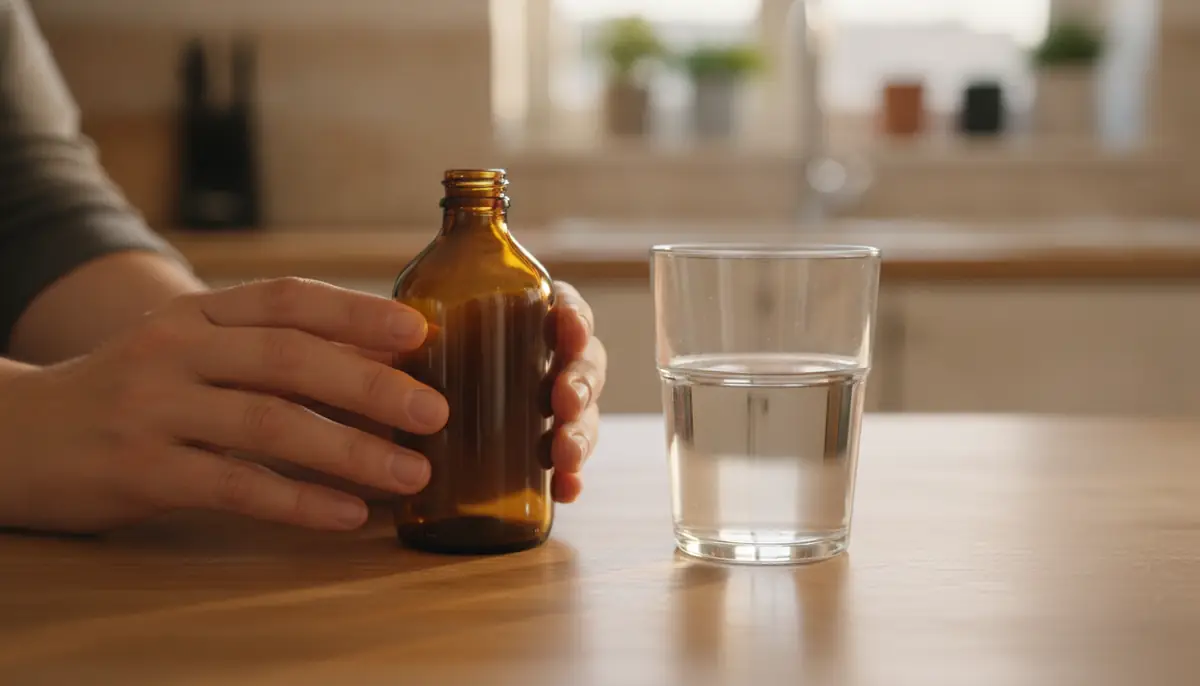Des mains tenant un flacon ambre de medicament pres d'un verre d'eau sur une table