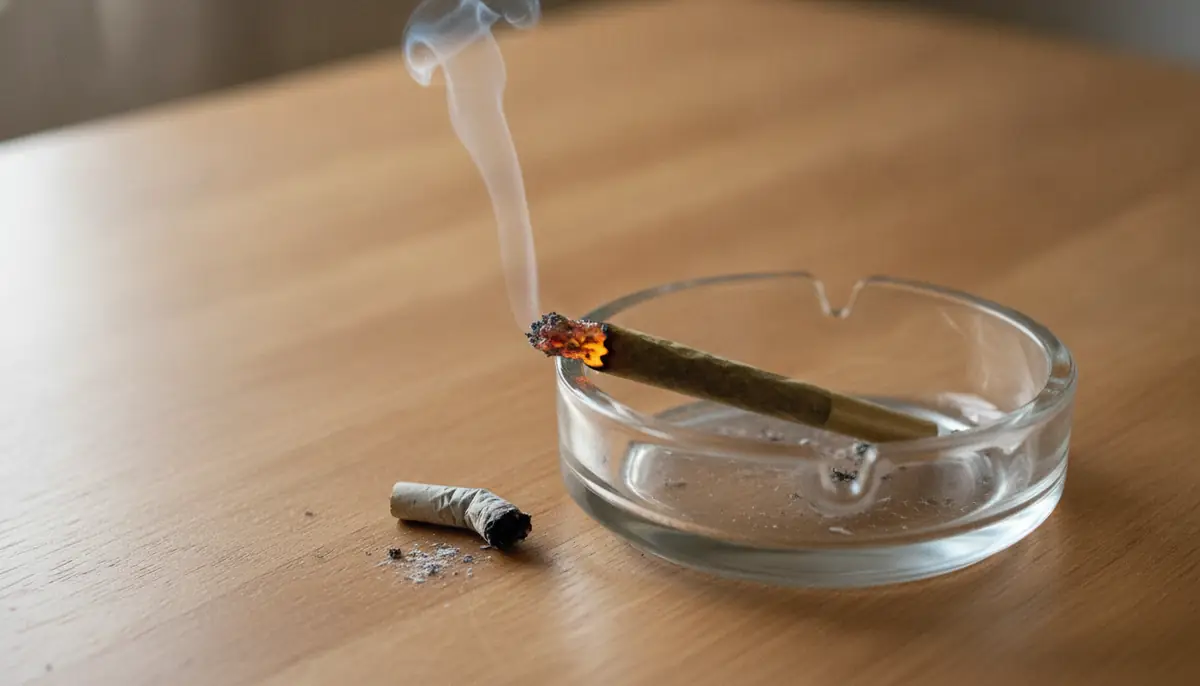 Un joint de cannabis se consume dans un cendrier en verre, à côté d'une cigarette écrasée, sur une table en bois