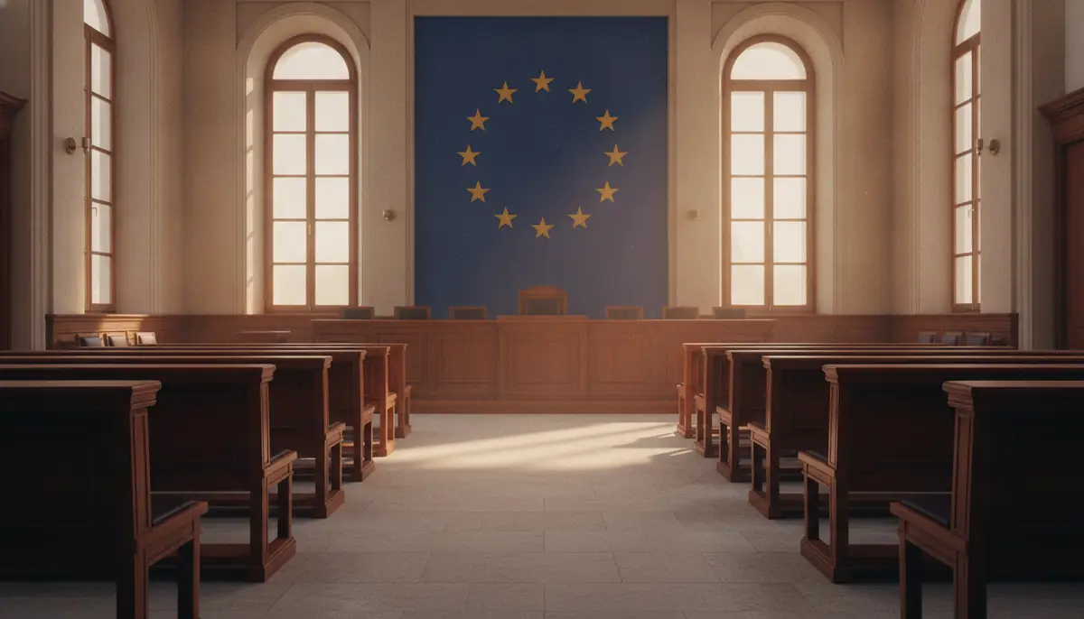 Une salle d'audience solennelle avec le drapeau européen, évoquant le renvoi du dossier CBD devant la Cour de justice de l'Union européenne