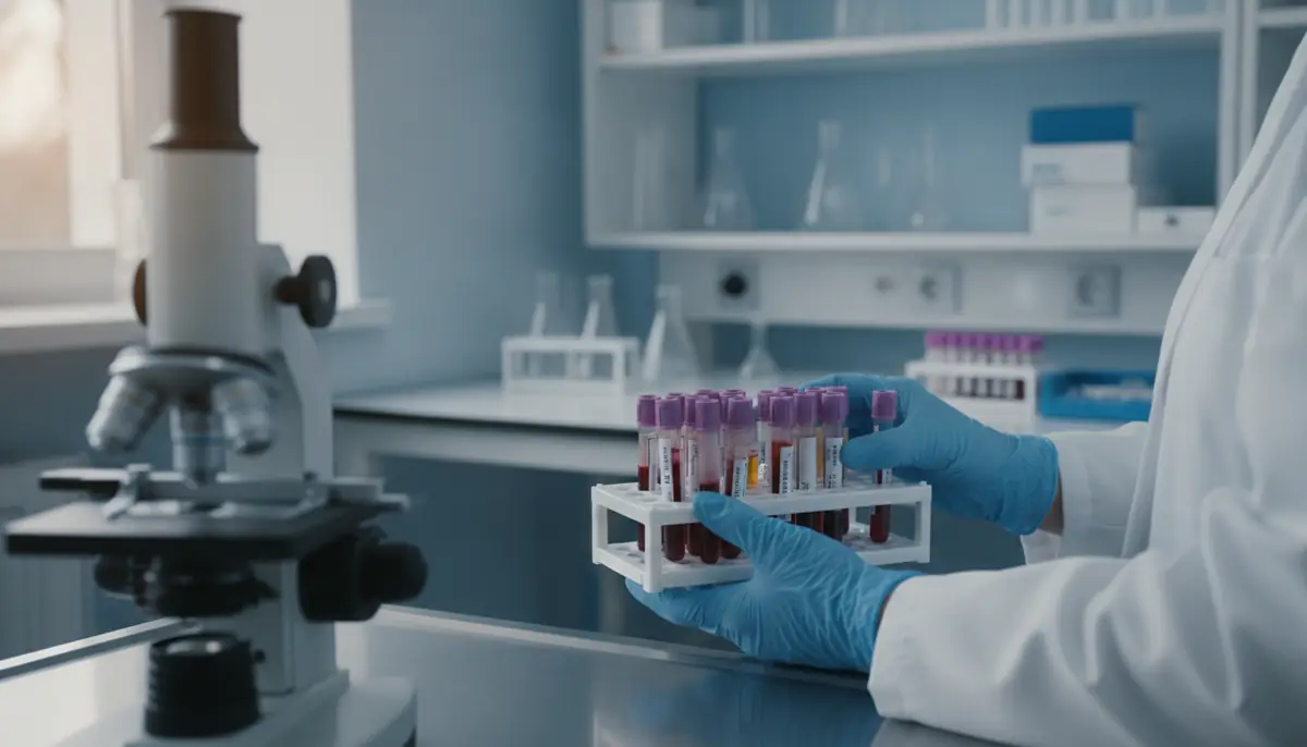 Mains gantees tenant des tubes de prelevement sanguin dans un laboratoire de recherche