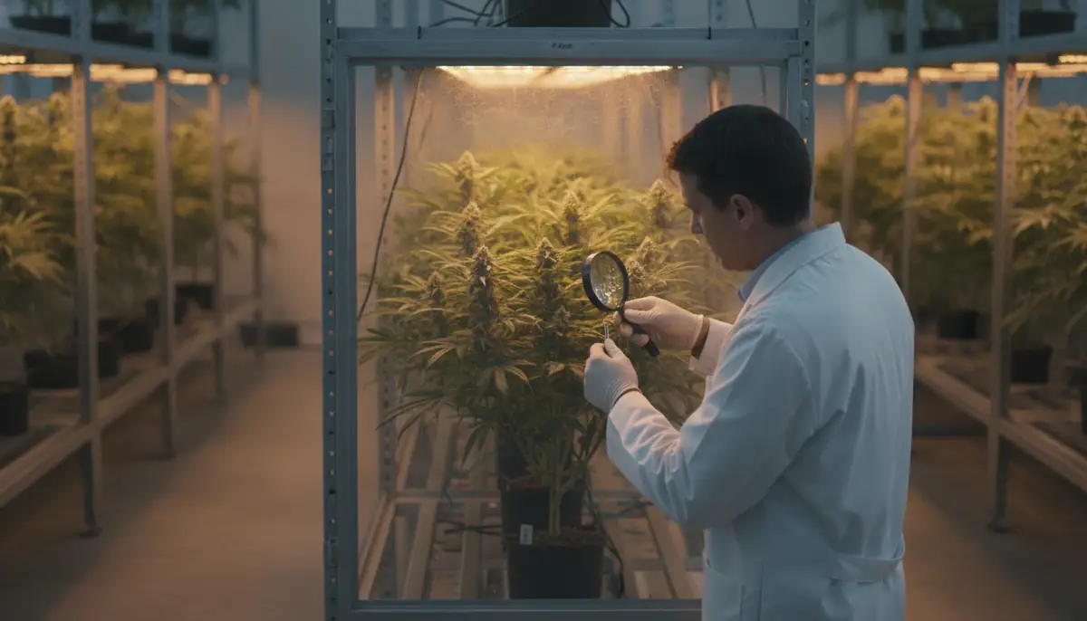 Technicien examinant des plants de cannabis dans un espace de culture fermé et éclairé