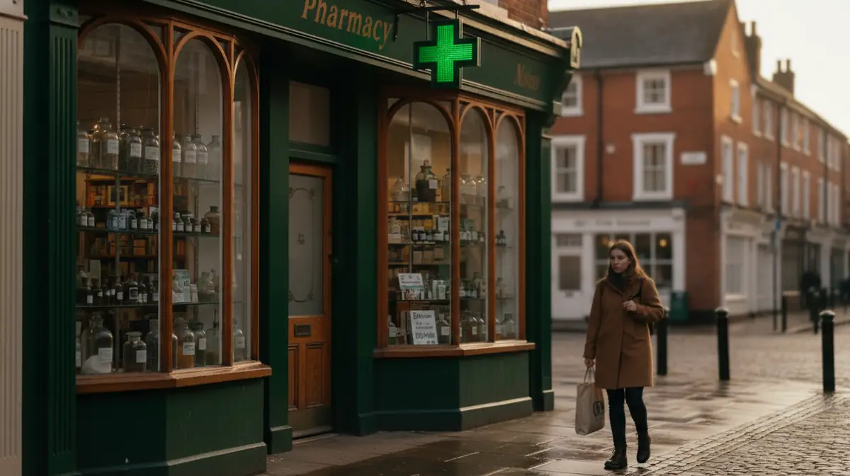 Devanture d'une pharmacie britannique dans une rue de ville, sous une lumière chaude de fin de journée