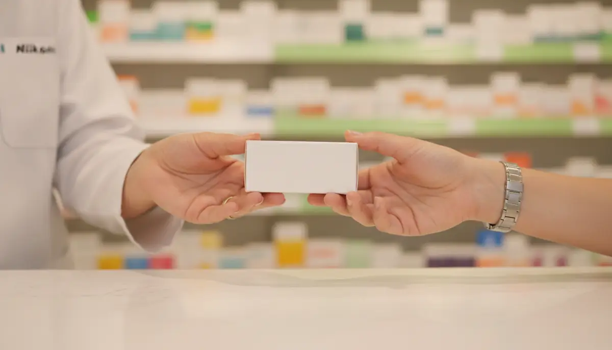 Comptoir d'une pharmacie de ville britannique, avec une main qui tend une petite boite de médicament au-dessus du comptoir.
