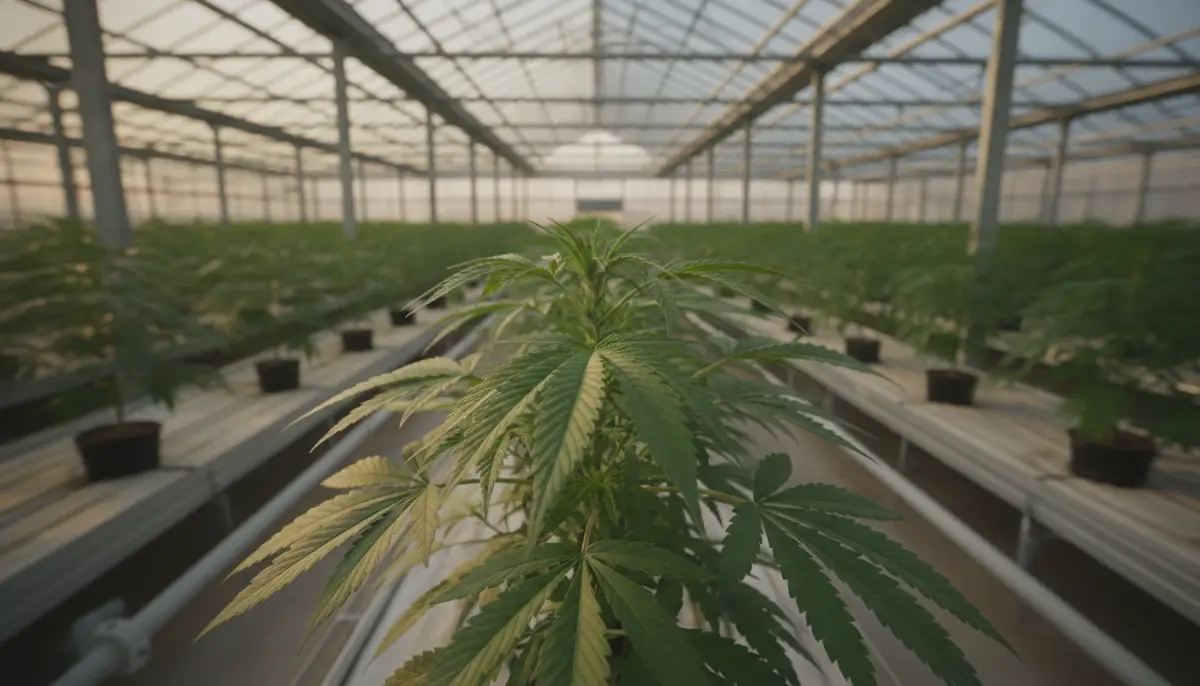 Plant de cannabis vert dans une serre de culture contrôlée, feuilles nettes et éclairage naturel