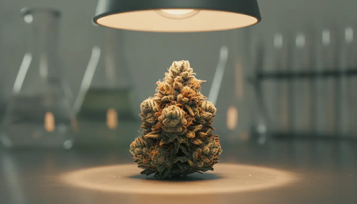 Fleur de cannabis en gros plan sous une lampe de laboratoire, trichomes visibles, ambiance clinique sobre