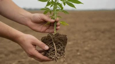 Gros plan sur les racines terreuses d'un plant de chanvre fraîchement arraché, tenu à deux mains