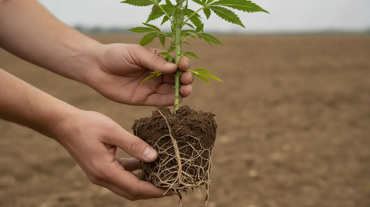 Gros plan sur les racines terreuses d'un plant de chanvre fraîchement arraché, tenu à deux mains