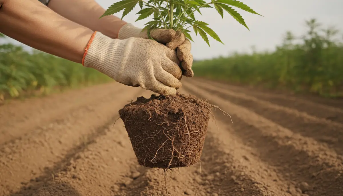 Mains gantees tenant un plant de chanvre fraichement arrache, racines couvertes de terre