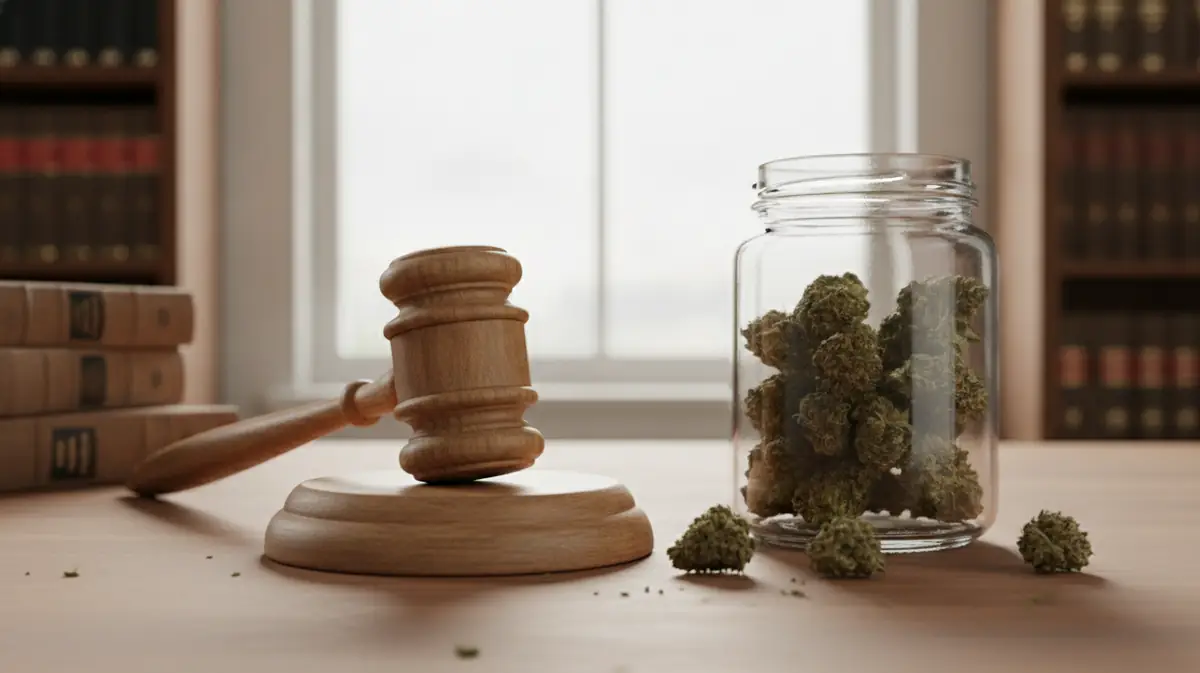 Marteau de justice en bois posé près d'un bocal en verre de fleurs de chanvre sur un bureau, image du débat sur la régulation du THC