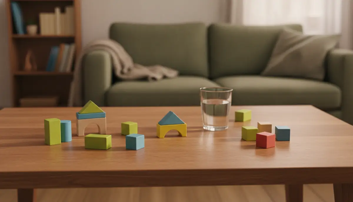 Table en bois d'une maison avec des cubes de construction colorés et un verre d'eau, sans personne