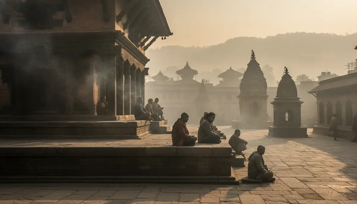 Temple hindou traditionnel au Nepal enveloppe de fumee d'encens au lever du jour