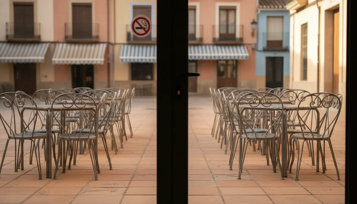 Terrasse de cafe deserte sur une place d'une vieille ville espagnole a midi, chaises metalliques vides et pictogramme d'interdiction de fumer sur une vitre