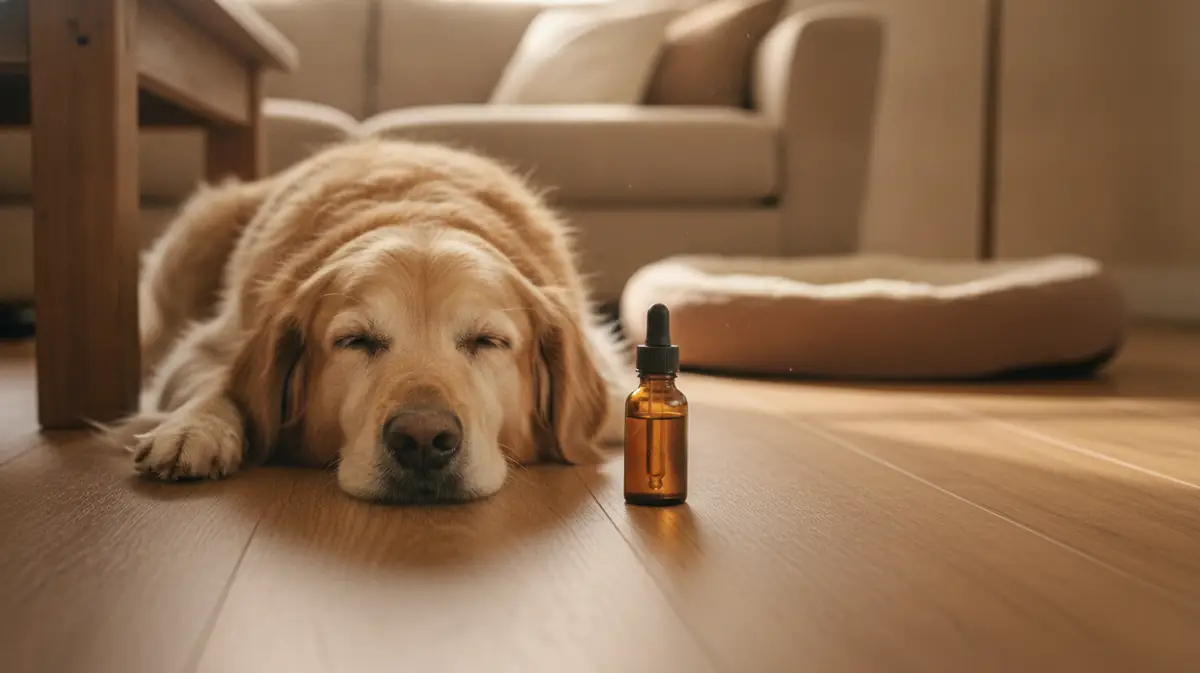 Un chien age et calme couche aux pieds de son maitre, un flacon d'huile de CBD pose sur une table basse