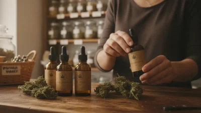 Des flacons d'huile de CBD et des fleurs de chanvre sechees sur le comptoir en bois d'une boutique, des mains examinant un flacon