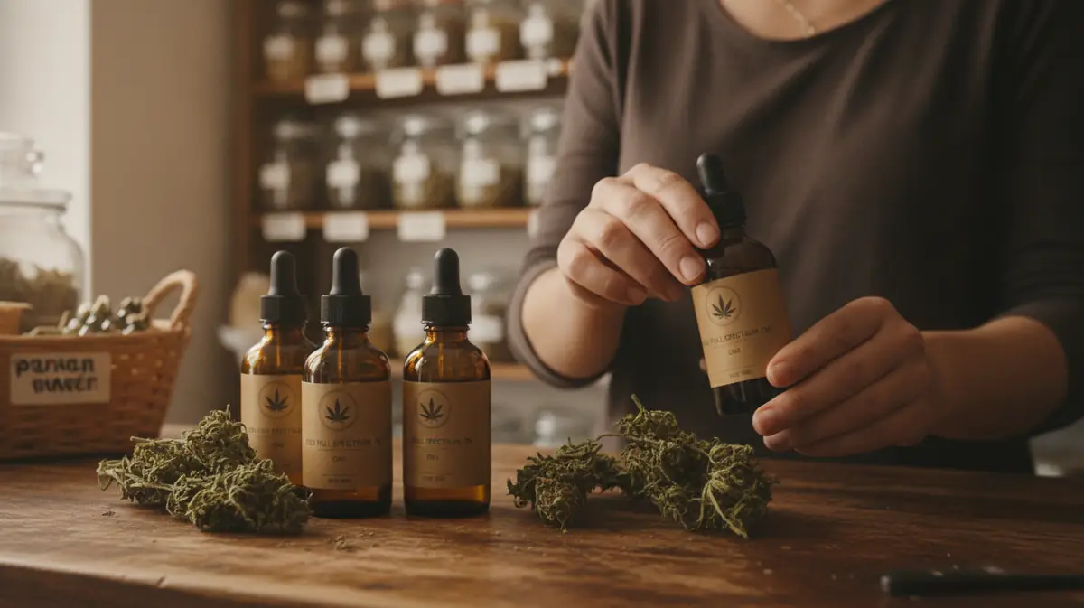 Des flacons d'huile de CBD et des fleurs de chanvre sechees sur le comptoir en bois d'une boutique, des mains examinant un flacon