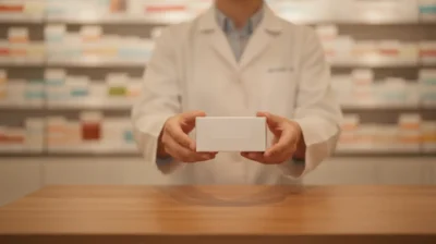 Un pharmacien tend une petite boite de medicament par-dessus le comptoir en bois d'une pharmacie, ambiance chaleureuse
