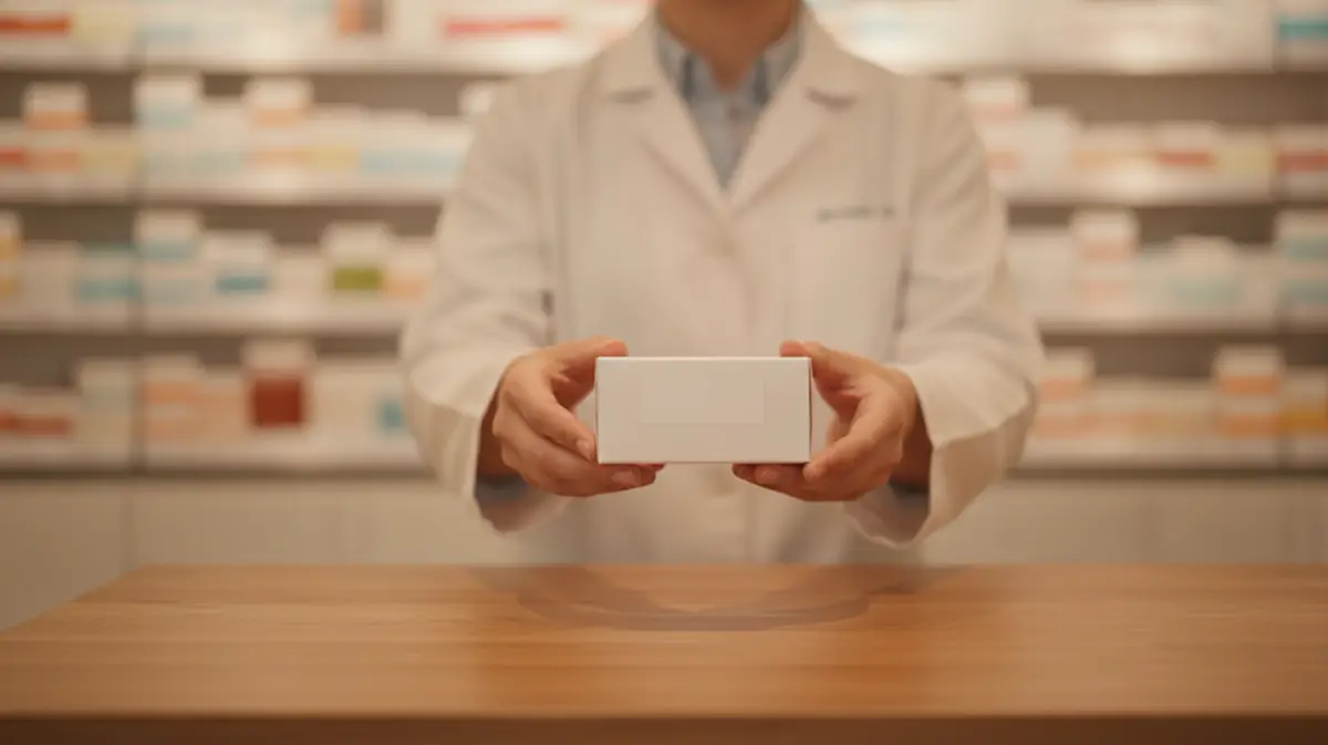 Un pharmacien tend une petite boite de medicament par-dessus le comptoir en bois d'une pharmacie, ambiance chaleureuse