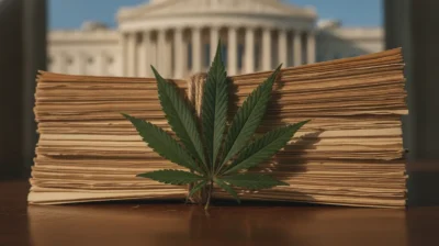 Feuille de cannabis posée sur un document officiel devant un bâtiment fédéral américain