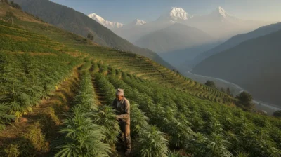 Champ de cannabis cultive en terrasse dans une vallee himalayenne du Nepal, sommets enneiges en arriere-plan