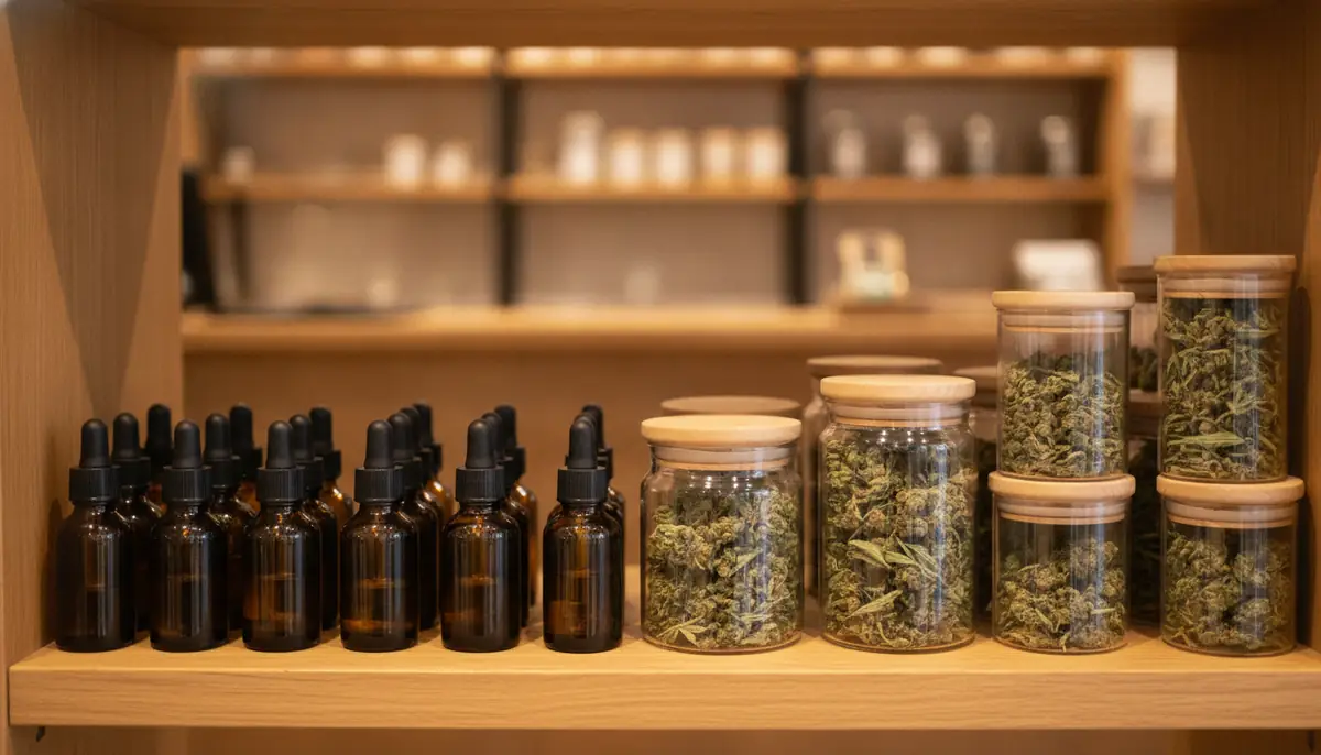 Vitrine d'une boutique de CBD legal dans une rue commercante francaise, produits de bien-etre exposes