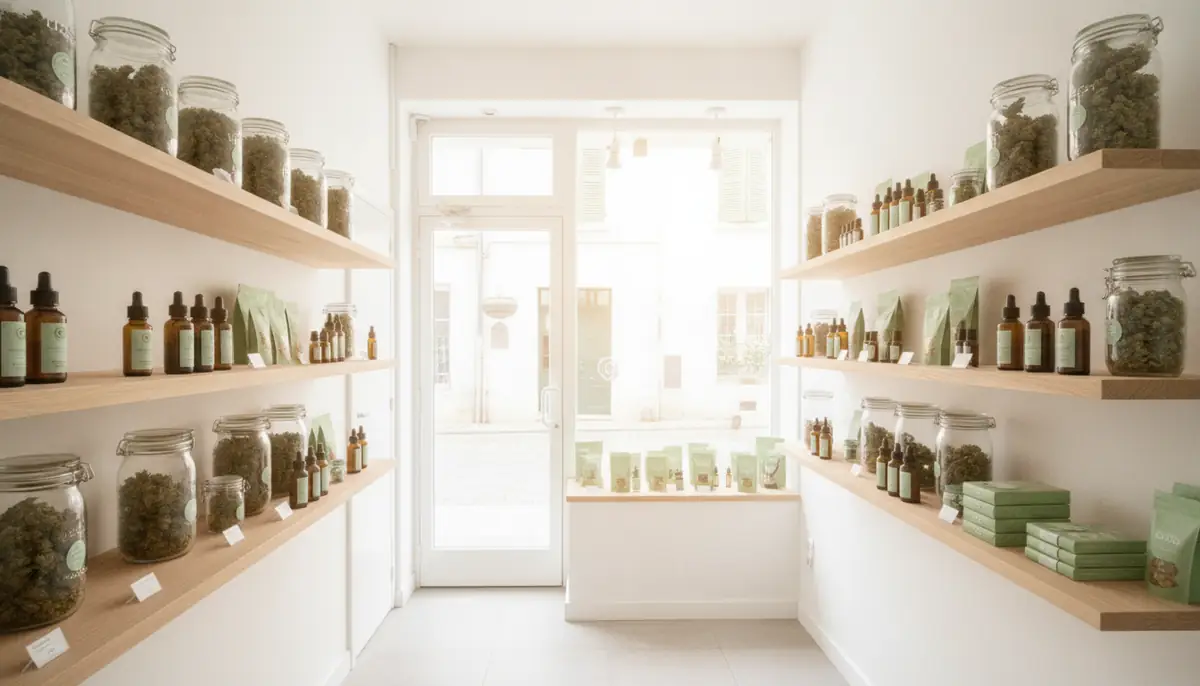 Intérieur sobre d'une boutique de CBD française avec produits rangés sur des étagères claires