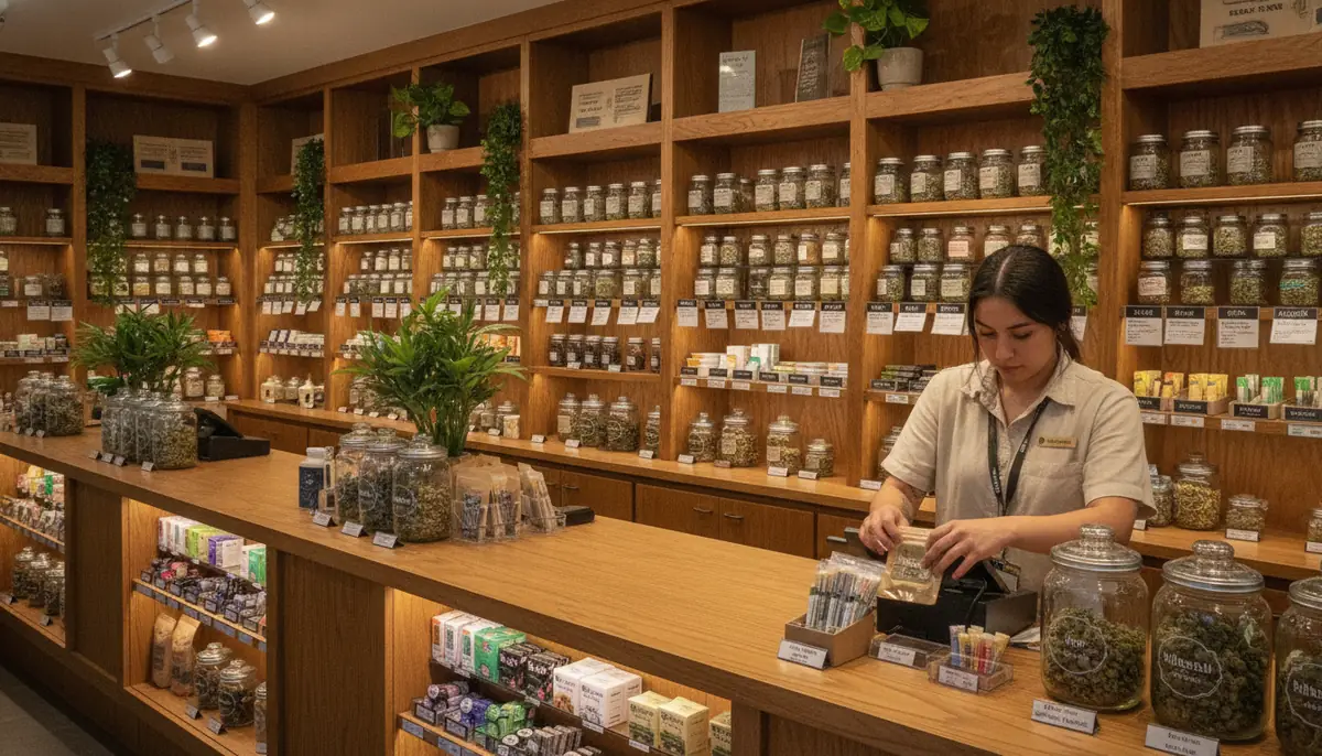 Interieur d'une boutique de cannabis americaine, produits presentes derriere un comptoir en bois clair