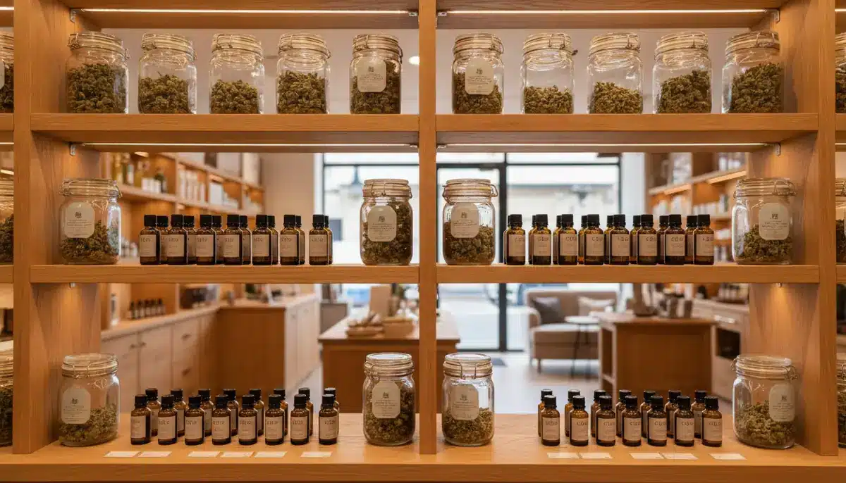 Rayon d'une boutique de CBD légal en France avec fleurs et huiles présentées en vitrine