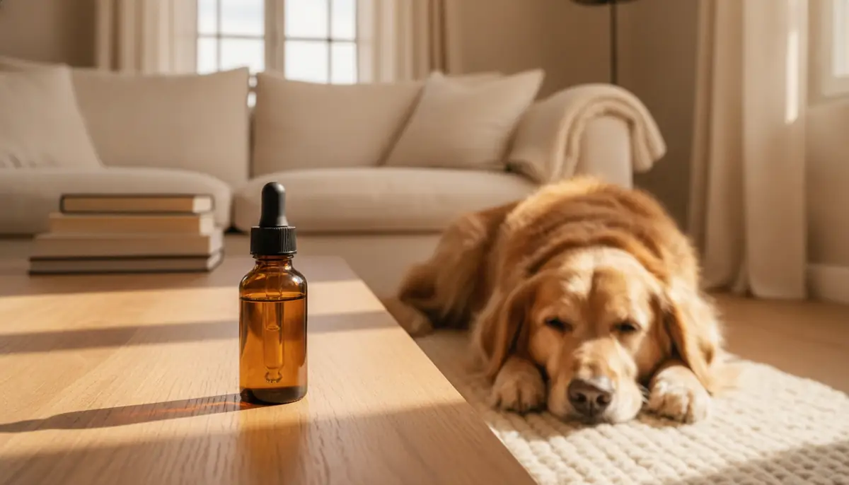 Flacon d'huile de CBD posé près d'un chien allongé dans un salon