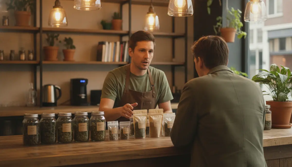 Interieur d'un coffeeshop neerlandais, un employe presente une gamme de produits derriere un comptoir en bois