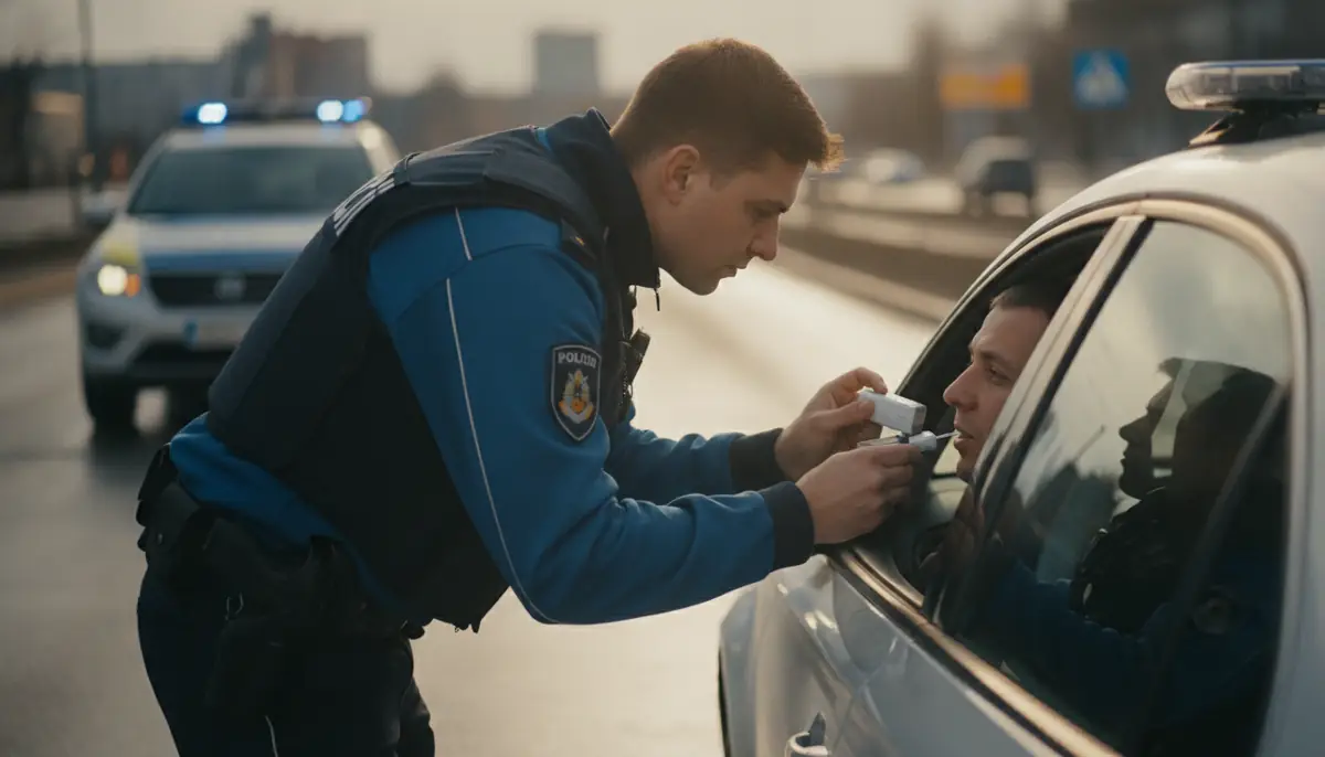 Un policier realise un depistage salivaire au bord d'une route