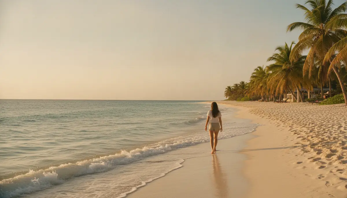 Une plage de sable blanc bordee de palmiers et d'eau turquoise dans les Caraibes