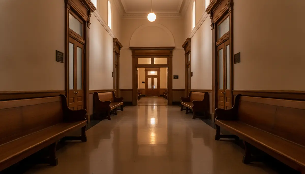 Un couloir de palais de justice desert, symbole du reflux des affaires liees au cannabis